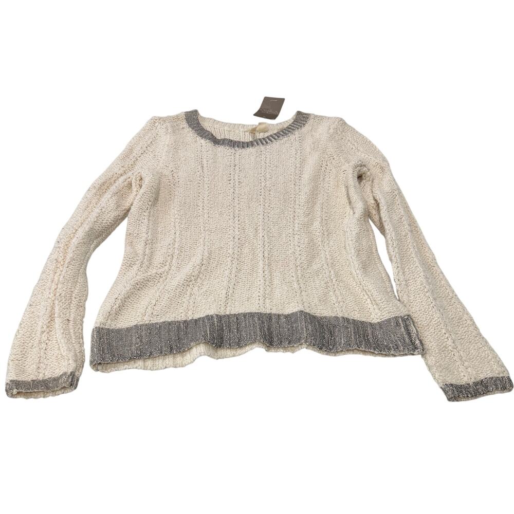 ANTHROPOLOGIE MOTH Ivory Metallic Trim Cable Chunky Sweater Size Large NWT